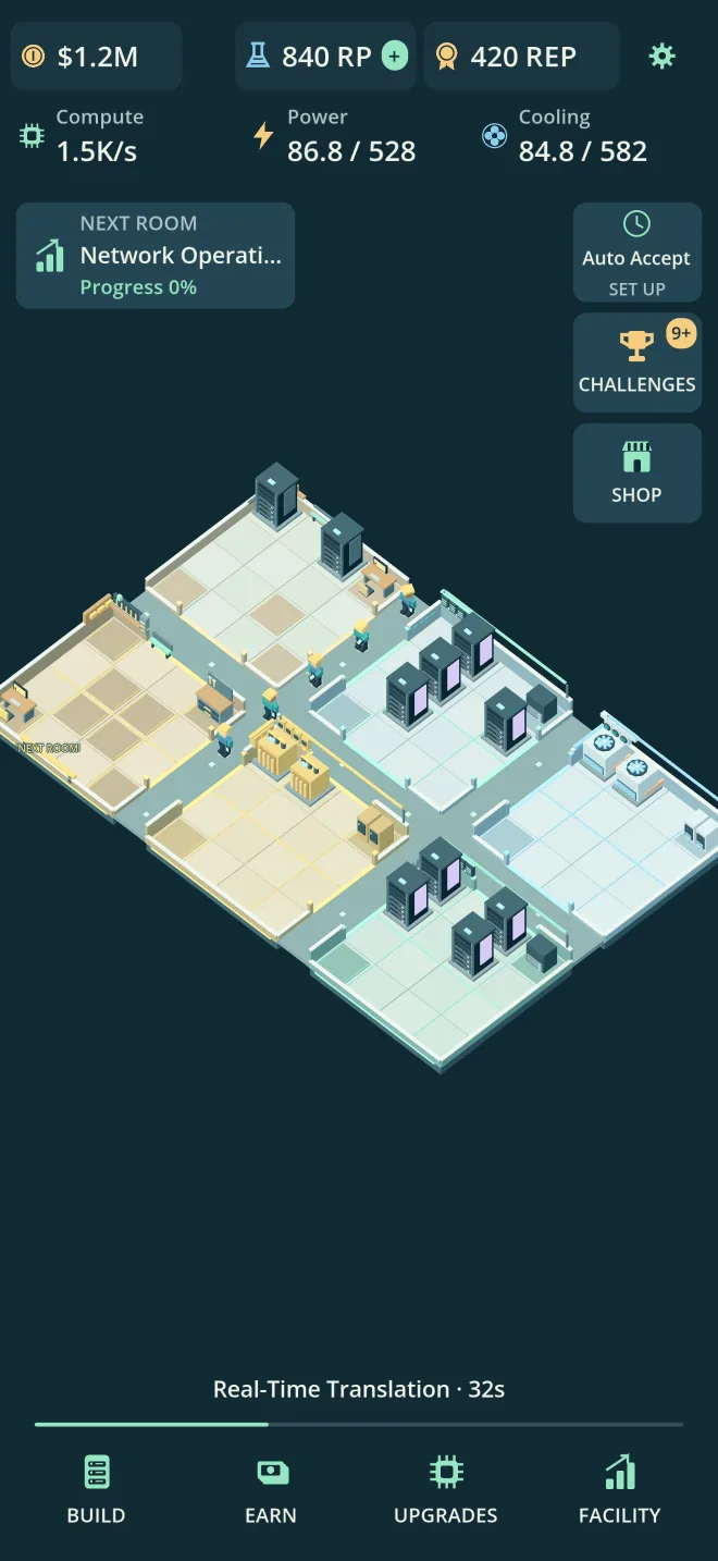 Compute Tycoon gameplay showing a small starting facility and its room controls.