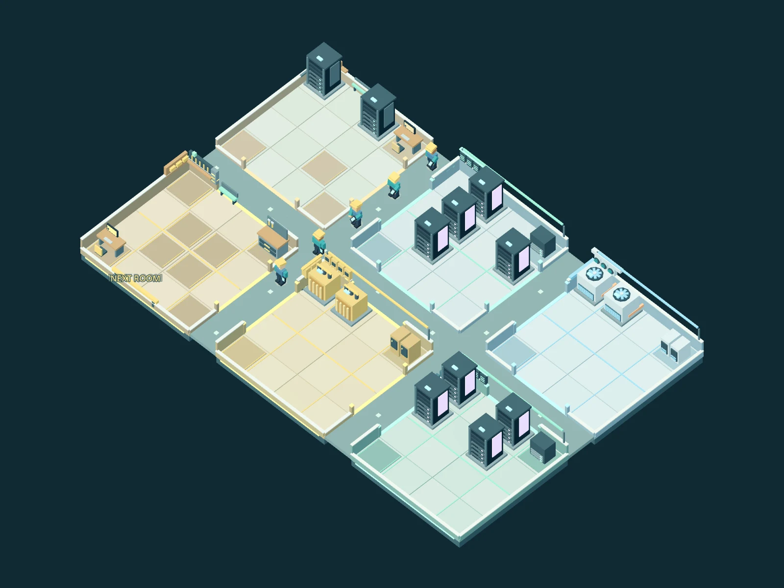 A low-poly Compute Tycoon campus with server racks, power transformers, cooling equipment, and technicians walking between rooms.