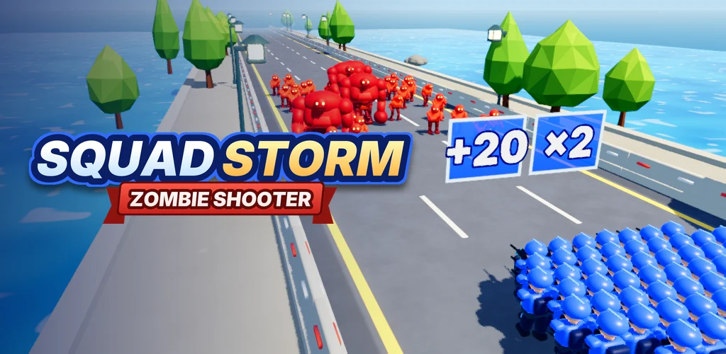 Squadstorm: Zombie Shooter. Blue soldiers face red zombies and squad-building gates on a coastal highway.