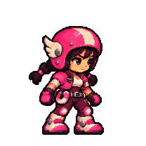 Blush in a pink winged helmet with twin braids