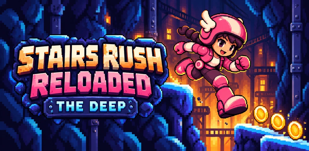 Stairs Rush Reloaded: The Deep. Blush jumps past golden coins through a glowing underground shaft.