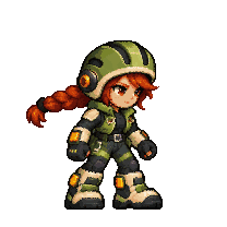 Moss in a green helmet with an auburn braid